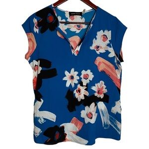 Ivanka Trump Floral Print Blue White Pink Black Blouse Split Crew Neck Small